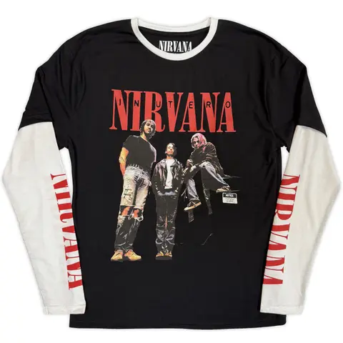 Unisex 2 In 1 Layered Long Sleeve T-Shirt: In Utero Band Photo (Black & White) (Sleeve Print)