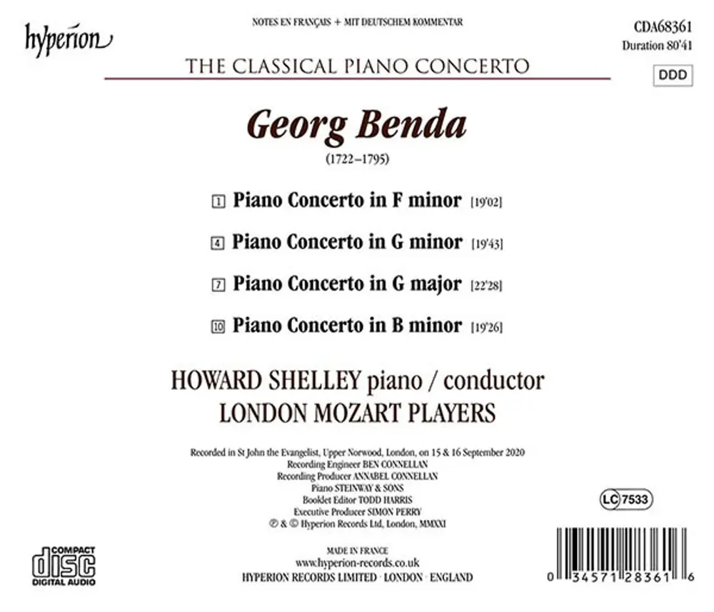 GEORG BENDA: PIANO CONCERTO IN F MINOR, G MINOR, G MAJOR, B MINOR