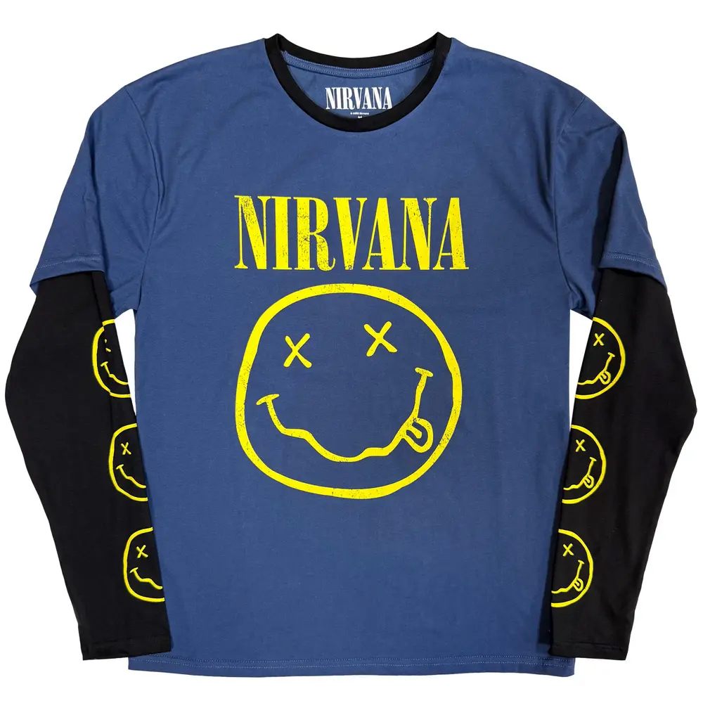 Nirvana – Yellow Happy Face (Multi-color, Layered Long Sleeve T-Shirt, Denim Blue & Black) (Tričko s dlhým rukávom)