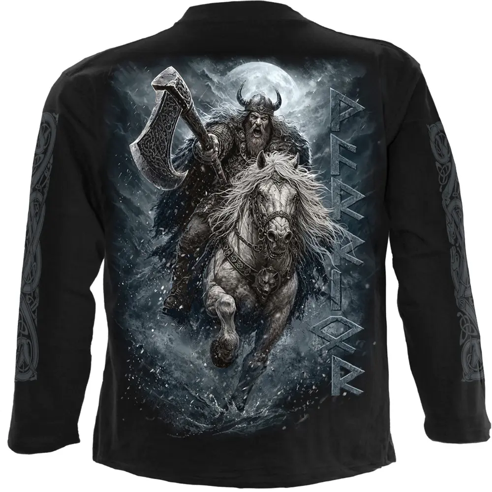 Unisex Long Sleeve T-Shirt: Viking Rampage (Black) (Back & Sleeve Print)