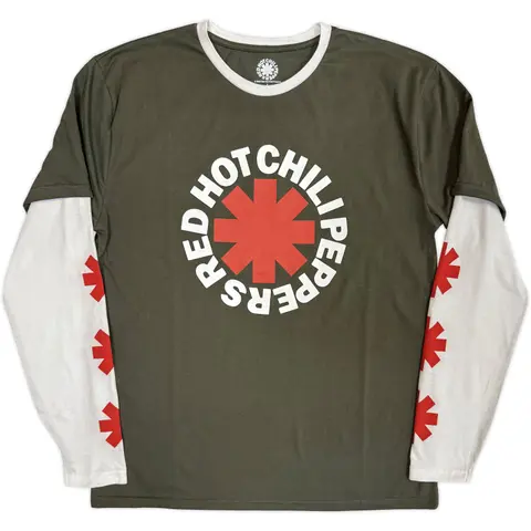 Unisex 2 In 1 Layered Long Sleeve T-Shirt: Classic Asterisk (Green & White) (Sleeve Print)