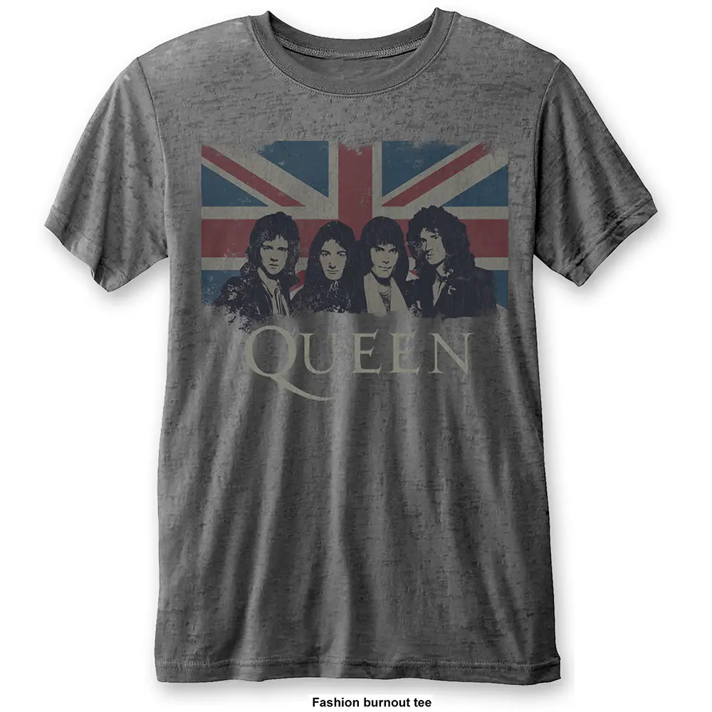 Queen – Vintage Union Jack (Šedá, Burnout T-Shirt) (Tričko)