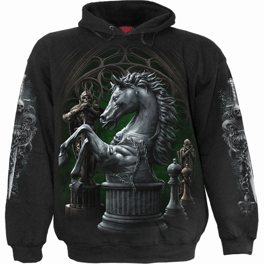 Unisex Pullover Hoodie: Checkmate (Black) (Back & Sleeve Print)