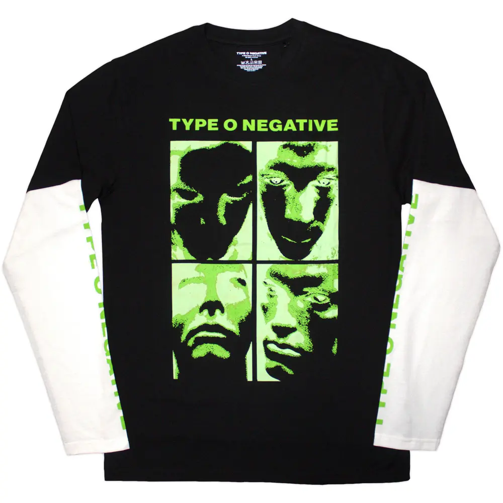 Unisex 2 In 1 Layered Long Sleeve T-Shirt: Faces (Black & White) (Sleeve Print)