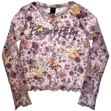 Ladies Long Sleeve Mesh Crop Top: Purple Rain Logo Floral (Pink) thumbnail