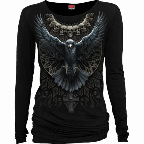 Ladies Long Sleeve Baggy T-Shirt: Raven Skull (Black)