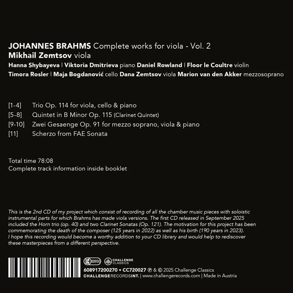 JOHANNES BRAHMS: COMPLETE WORKS FOR VIOLA - VOL. 2
