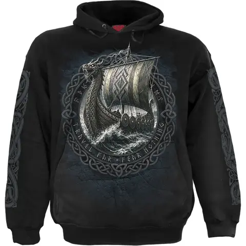 Unisex Pullover Hoodie: Viking Norseman (Black) (Back & Sleeve Print)