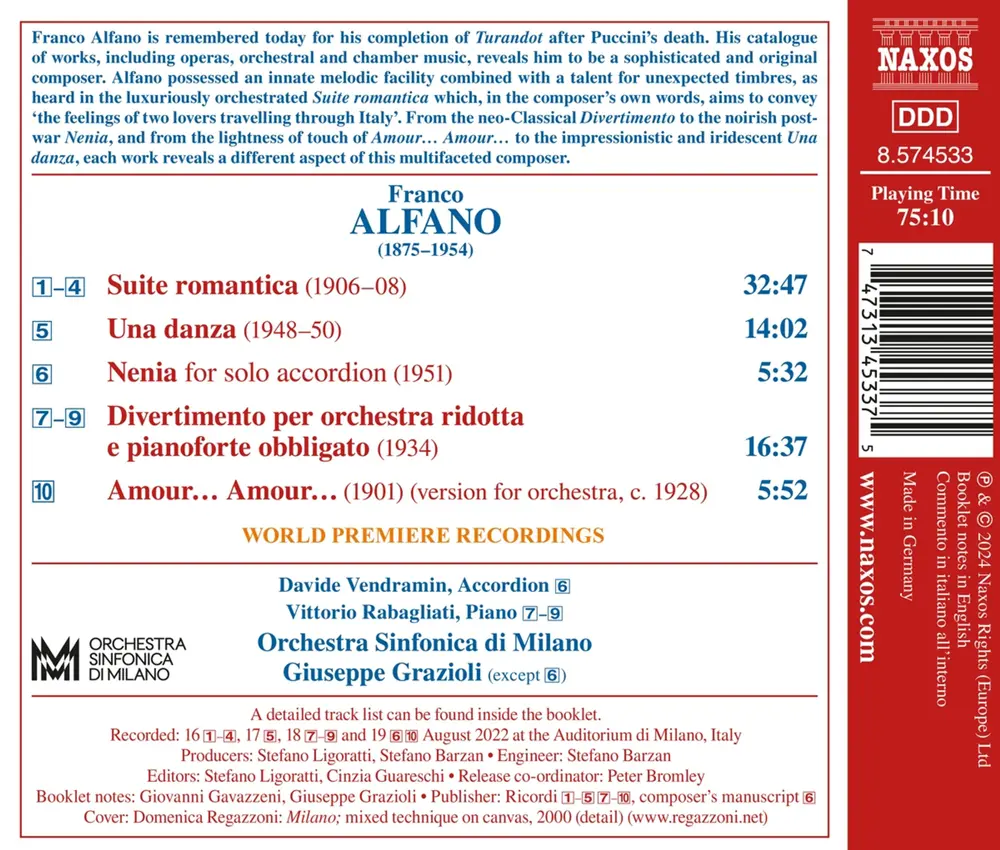Davide Vendramin – FRANCO ALFANO: SUITE ROMANTICA - UNA DANZA (CD)