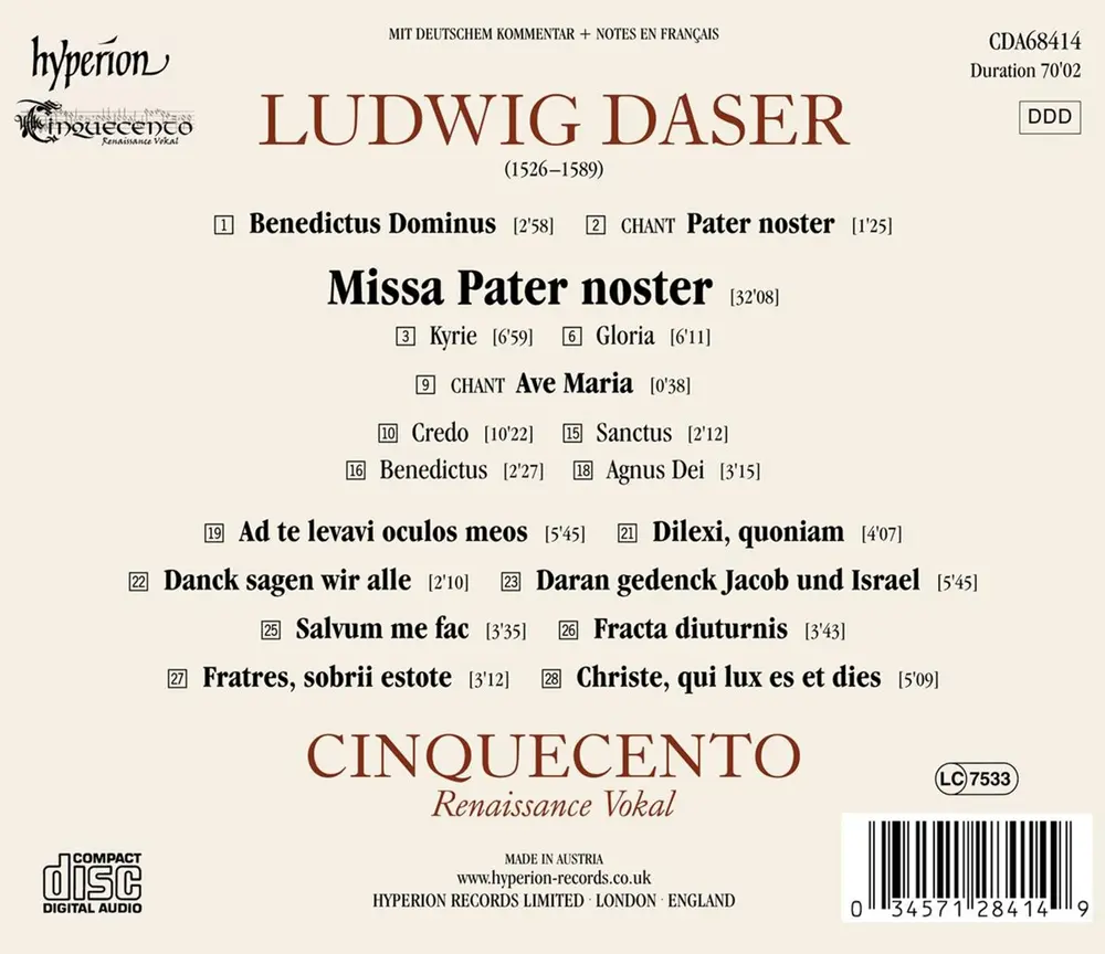 Cinquecento – LUDWIG DASER: MISSA PATER NOSTER & OTHER WORKS (CD)