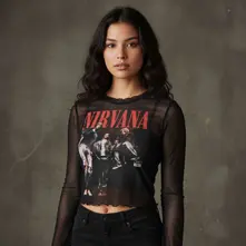 Ladies Long Sleeve Mesh Crop Top: In Utero Band Photo (Black) thumbnail