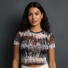 Ladies Short Sleeve Mesh Crop Top: Anthology Group Repeat (White) (All Round) thumbnail