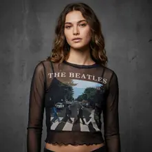 Ladies Long Sleeve Mesh Crop Top: Abbey Road & Logo (Black) thumbnail