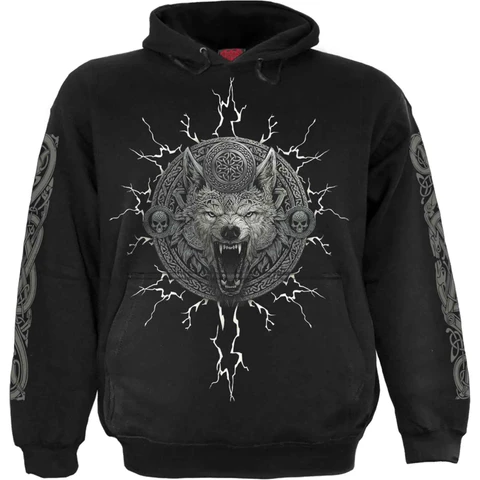 Unisex Pullover Hoodie: Valhalla (Black) (Back & Sleeve Print)