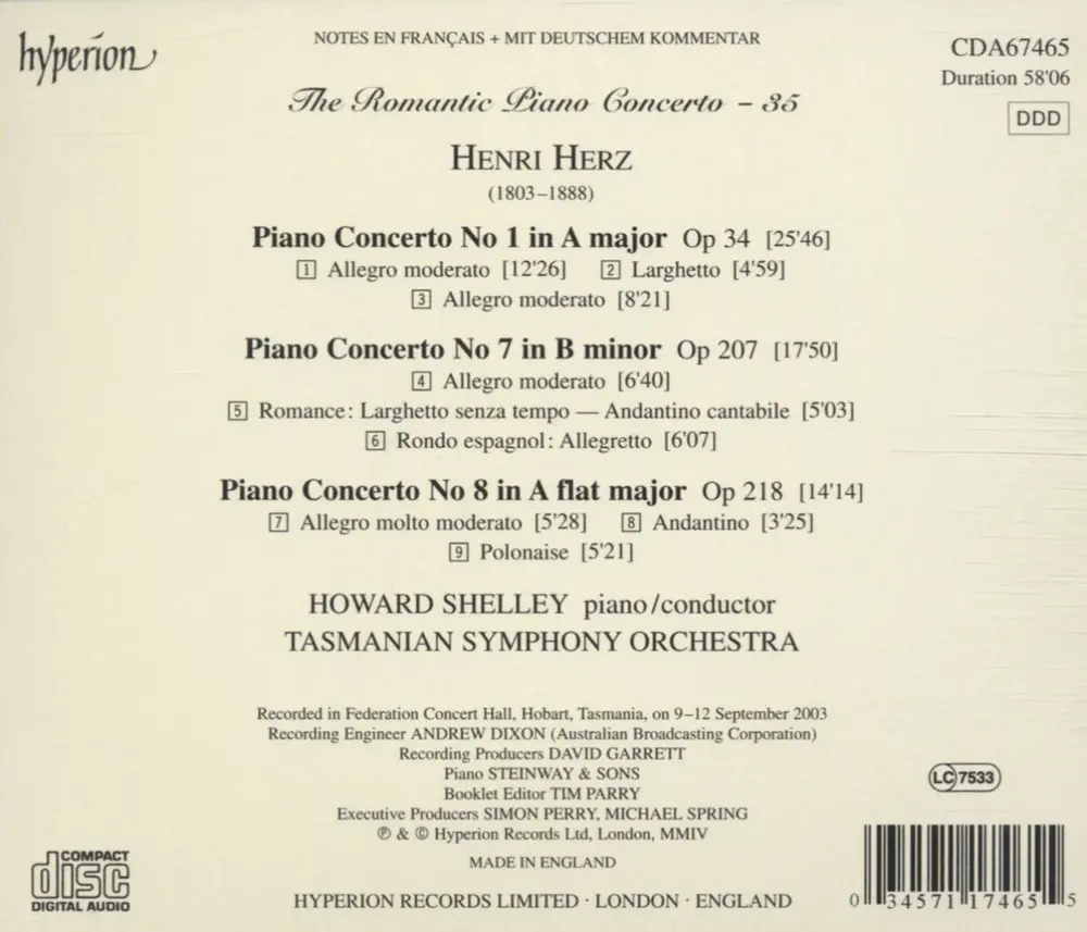 HERZ: PIANO CONCERTOS NOS. 1, 7 & 8 (HYPERION ROMA