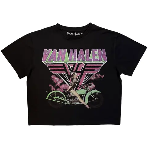 Ladies Crop Top: Neon Retro Pin Up Rider (Black)