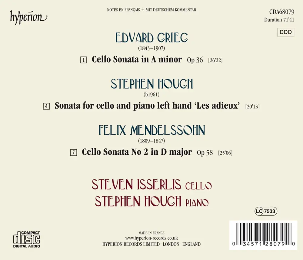 MENDELSSOHN, GRIEG & HOUGH: CELLO SONATAS