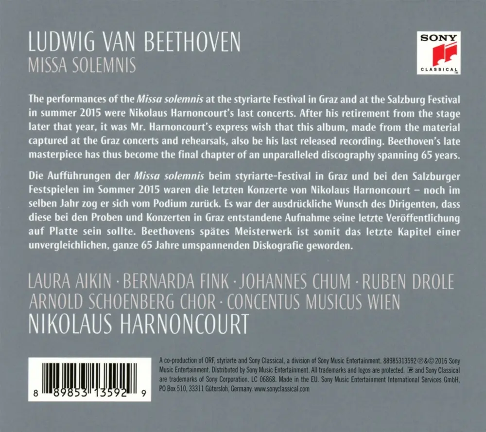 Beethoven: Nikolaus Harnoncourt, Concentus Musicus Wien, Arnold Schoenberg Chor - Missa Solemnis