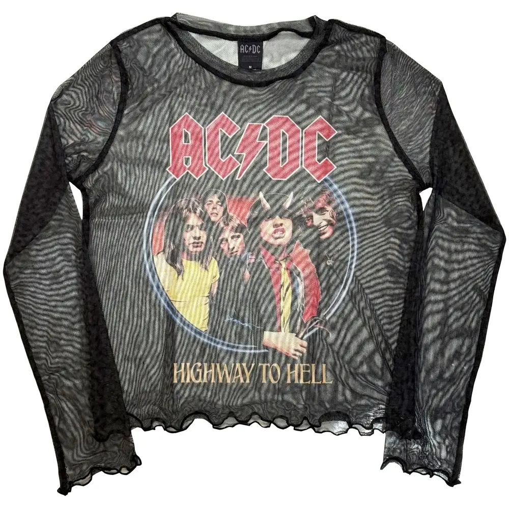 Ladies Long Sleeve Mesh Crop Top: Highway To Hell (Black)