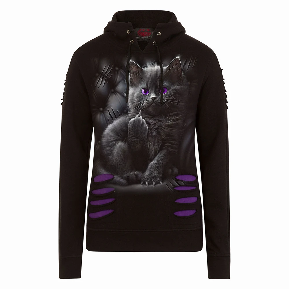 Ladies Ripped Pullover Hoodie: Cattitude (Black & Purple)