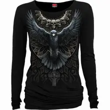 Ladies Long Sleeve Baggy T-Shirt: Raven Skull (Black) thumbnail