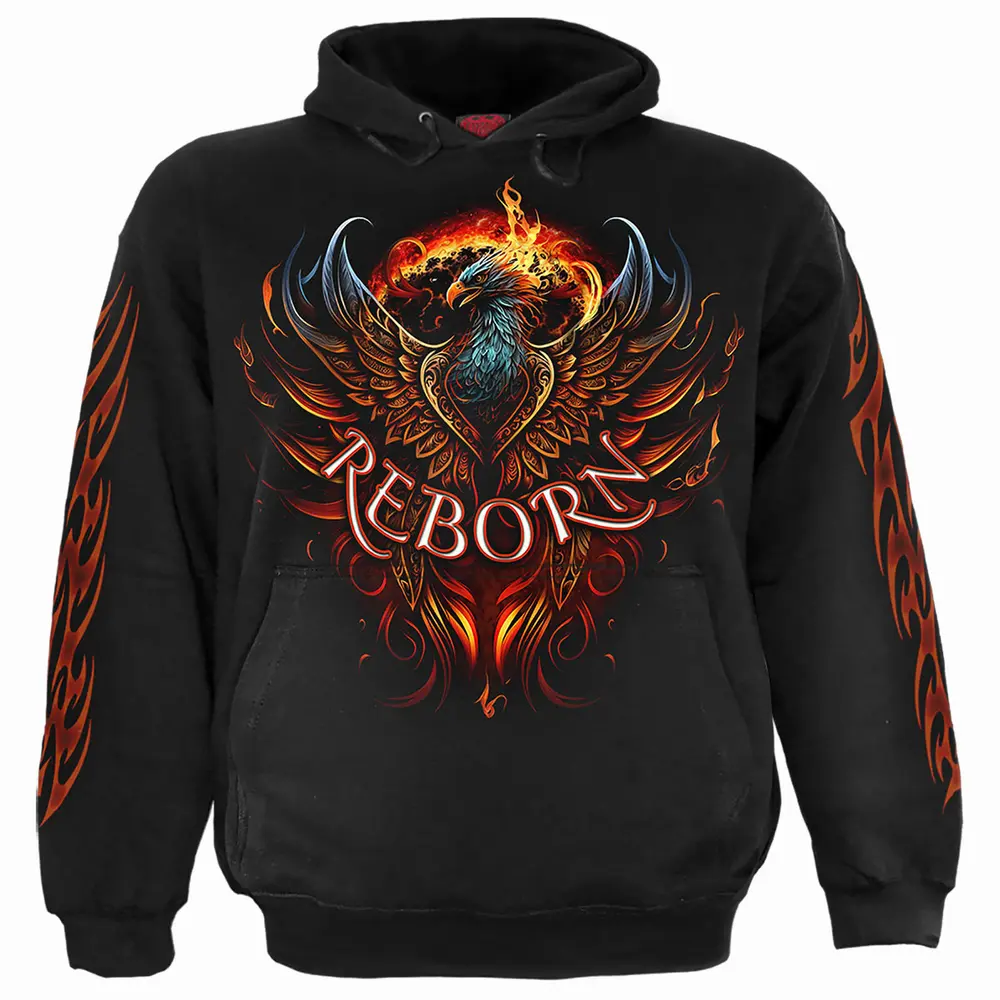Unisex Pullover Hoodie: Ashes Reborn (Black) (Back & Sleeve Print)