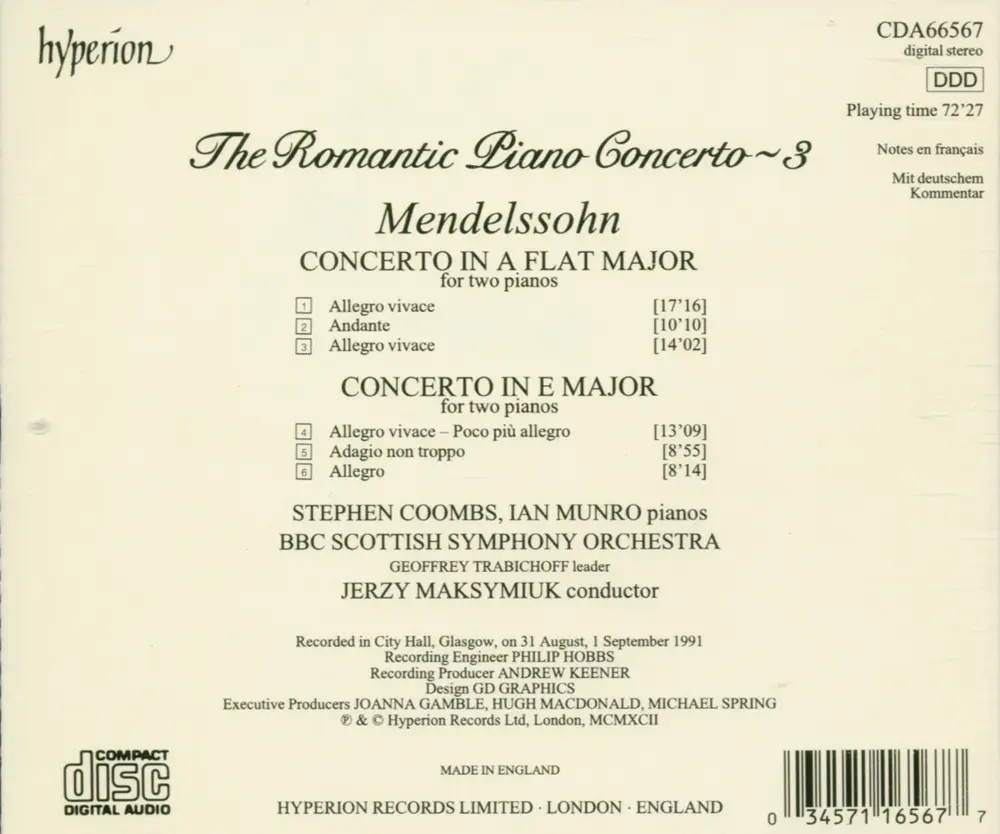 MENDELSSOHN: CONCERTOS FOR 2 PIANOS (HYPERION ROMA