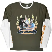 Unisex 2 In 1 Layered Long Sleeve T-Shirt: Flames (Green & White) (Sleeve Print) thumbnail