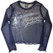 Ladies Long Sleeve Mesh Crop Top: Blurred (Blue)