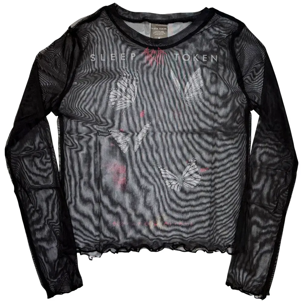 Ladies Long Sleeve Mesh Crop Top: Butterflies (Black)