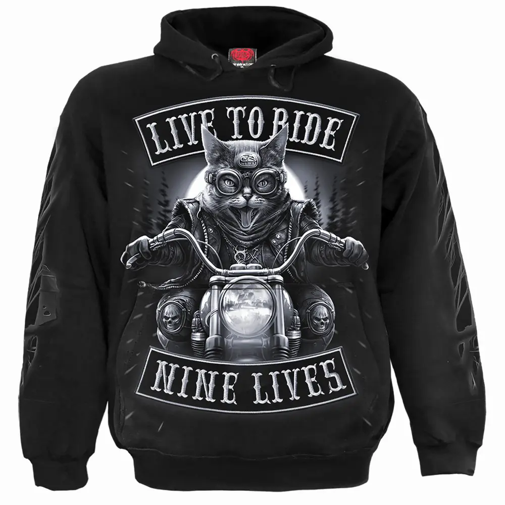 Unisex Pullover Hoodie: Nine Lives (Black) (Back & Sleeve Print)