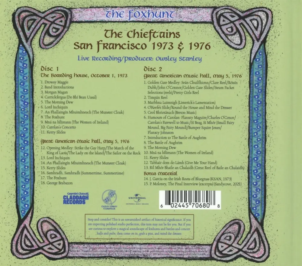 Bear&rsquo;s Sonic Journals: The Foxhunt, The Chieftains, San Francisco 1973 & 1976