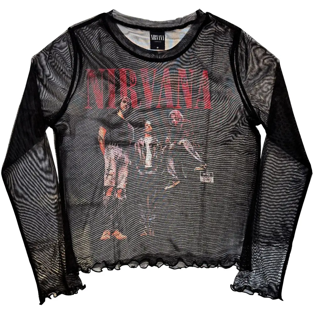 Ladies Long Sleeve Mesh Crop Top: In Utero Band Photo (Black)