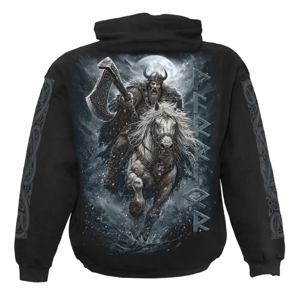 Unisex Pullover Hoodie: Viking Rampage (Black) (Back & Sleeve Print)