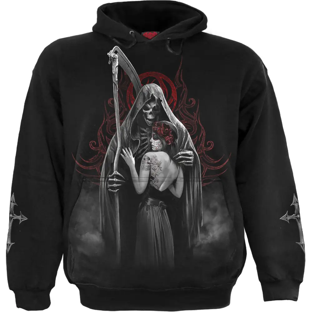 Unisex Pullover Hoodie: Dead Kiss (Black) (Back & Sleeve Print)