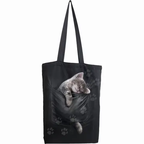 Cotton Tote Bag: Pocket Kitten (Black)