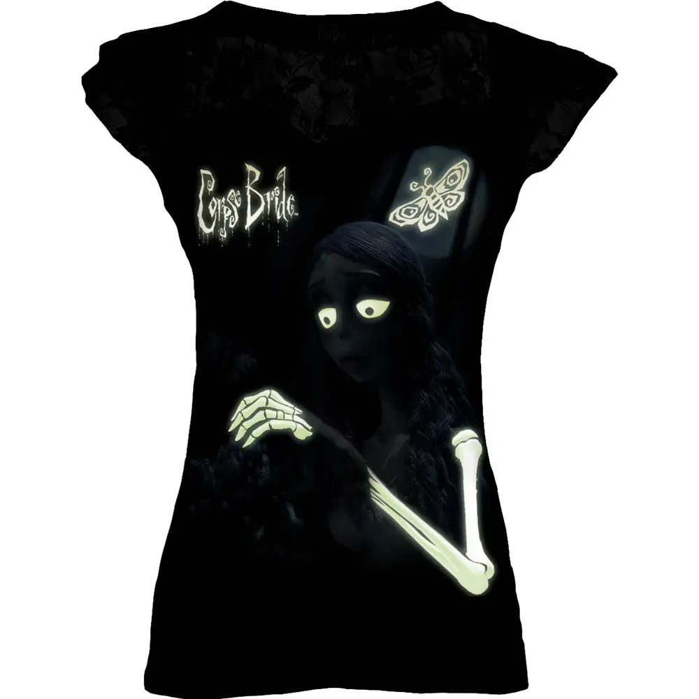 Corpse Bride – Glow In The Dark (Negra, Mujer, Lace Layered Cap Sleeve Top) (Camiseta)