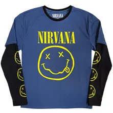 Tričko s dlhým rukávom Unisex 2 In 1 Layered Long Sleeve T-Shirt: Yellow Happy Face (Denim Blue & Black) (Sleeve Print)