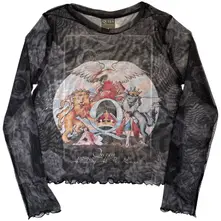 Ladies Long Sleeve Mesh Crop Top: A Day At The Races (Black) (Front & Back) thumbnail