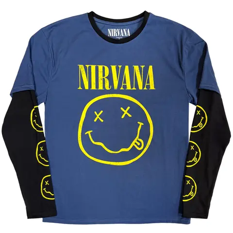 Unisex 2 In 1 Layered Long Sleeve T-Shirt: Yellow Happy Face (Denim Blue & Black) (Sleeve Print)