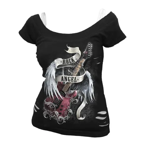 Spiral – Tričko Rock Angel (Čierna, Biela, Dámske, 2-in-1 Ripped Top), Žena, Čierna, Biela